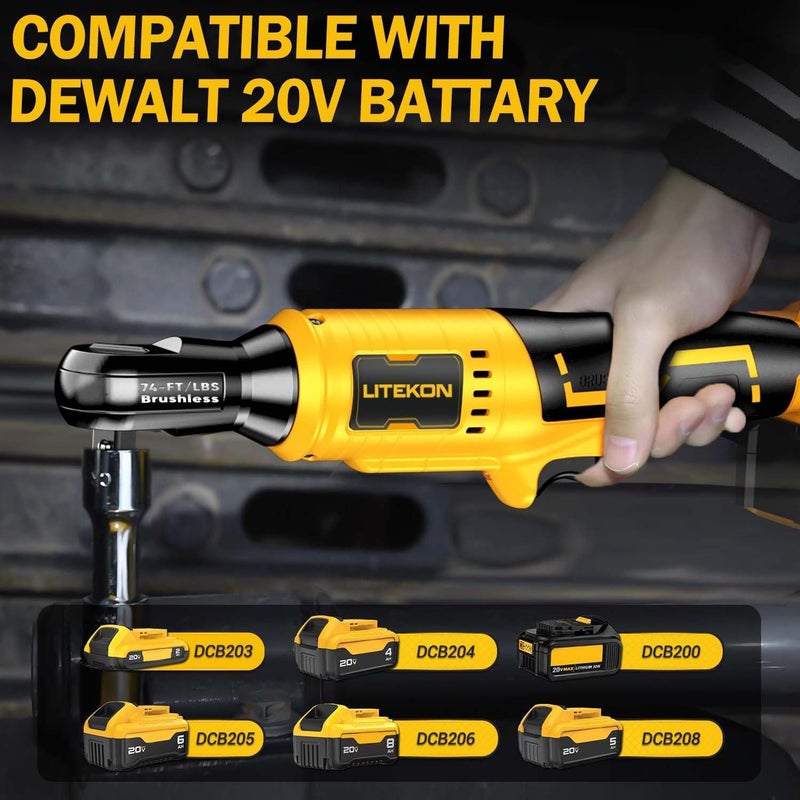 LITEKON Cordless Ratchet Wrench Set Compatible with𝗗𝗘-𝗪𝗔𝗟𝗧 20V Max Battery (No Battery) - 74Ft-lbs 650 RPM High Power 3/8-inch Brushless Electric Power Ratchet Wrench Tool with LED Light - Image 3